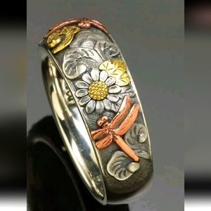Silver Gold and Copper Dragonfly Sunflower ring